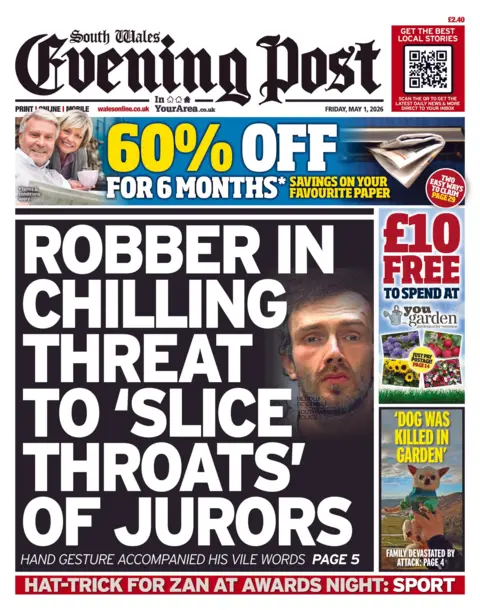 South Wales Evening Post Front page of the South Wales Evening Post has a picture of a bearded man and the head line robber in chiling threat to slice throats of the jurors 
