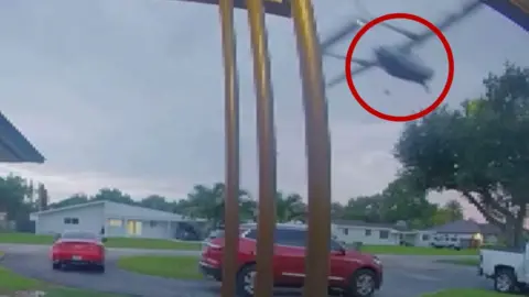 The plane in the red circle is about to crash into a tree.