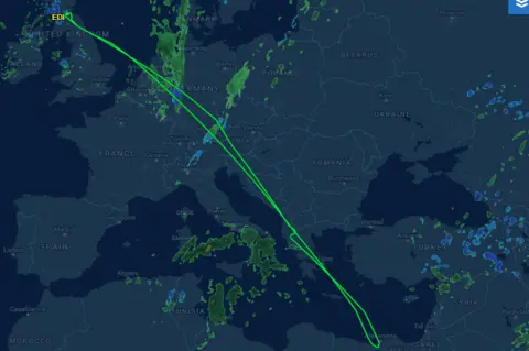 Flight Aware Image showing the flight path the plane followed. A green line shows it leading to Dubai then looping back to Edinburgh