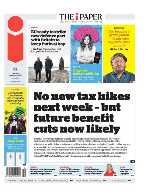 Front page of the I Paper for Thursday 19 March 2025.