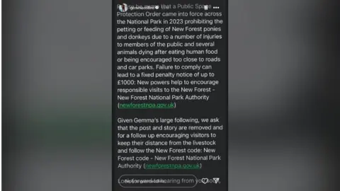 Gemma Collins/Instagram A screenshot of a message on Instagram from what appears to be the New Forest National Park Authority to Gemma Collins' PR team asking her to remove the post of her hugging a pony.