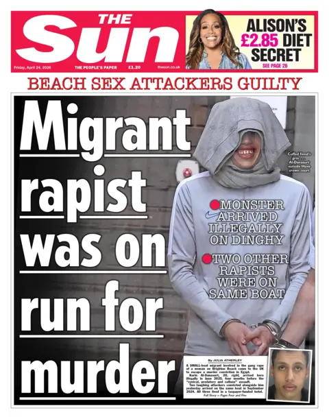"Migrant rapist was on run for murder" reads the headline on the front page of the Sun.