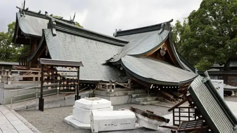 A damaged temple in earthquake-hit Kumamoto prefecture in south-west Japan