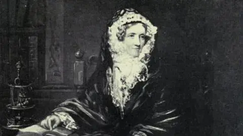 HINCHINGBROOKE SCHOOL Engraving of Lady Olivia in black-and-white. She can be seen wearing an elaborate bonnet and gown with her hand resting on a book. 