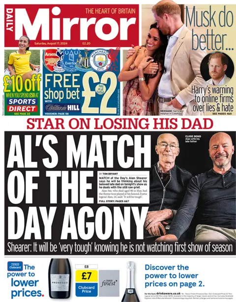 The headline on the front page of the Daily Mirror reads: "Al's Match of the Day agony" and features an image of Alan Shearer with his late father. 