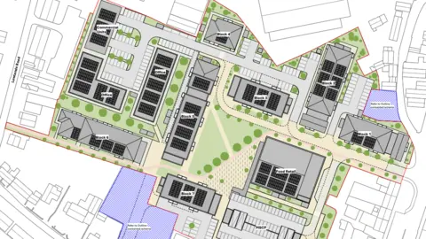 SRA Architects Architects drawings of the Leale's Yard site, including green areas of landscaping, seven blocks of flats alongside two office blocks and a food retail shop