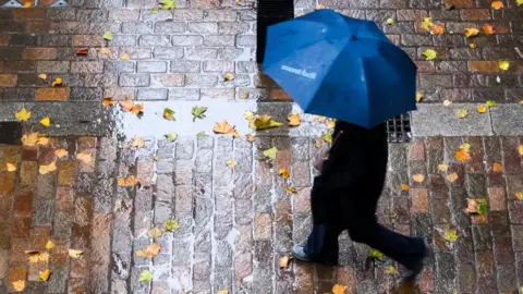 Getty Images A person is walking dressed in black across a wet street with puddles and brown and orange leaves. They are carrying a blue umbrella