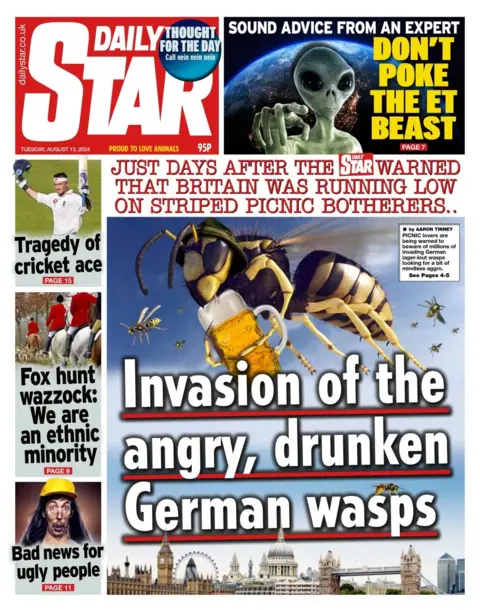 The headline in the Daily Star reads: Invasion by angry, drunken German wasps