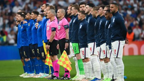 Italy and England players line up ahead of the Euro 2020 final at Wembley
