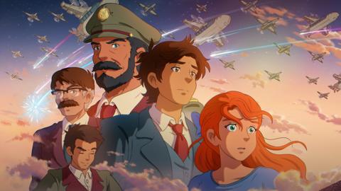 A hand-drawn poster image, featuring five characters drawn in a Japanese anime-inspired art style. A bearded man in military cap looms over a professorial-looking gentleman with a thick moustache and glasses, with three younger characters in the foreground. Behind them a phalanx of warplanes flies through the sky in formation.