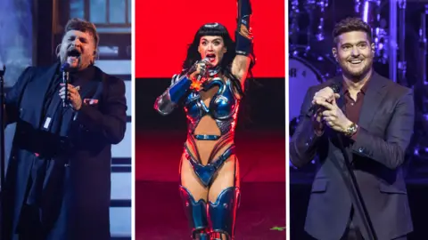 Composite of Teddy Swims, Katy Perry and Michael Buble, all singing 