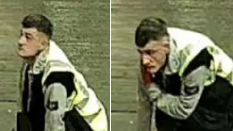 Grainy CCTV footage of a man with short dark hair, shaved at the sides, looking up and then bent down in a second still image.