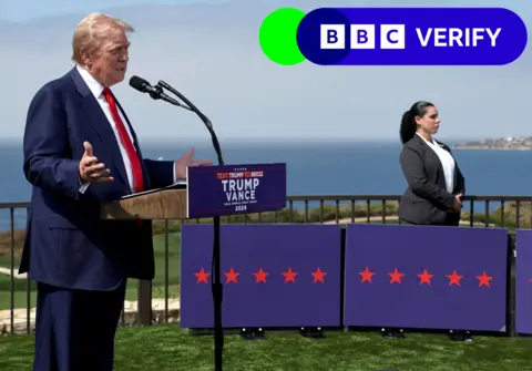 Getty Images Former US President Donald Trump stands adjacent  to a Secret Service cause  during a property   league  astatine  Trump National Golf Club Los Angeles successful  September 2024. 