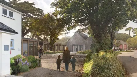 An artist's impression of how Leach Pottery will look after the restoration. It shows the exterior of a stone building which has a wood-clad single storey buildings running alongside it to a white building in the foreground. There is a woman holding hands with a child either side of her and a dog running between them walking across a small courtyard. There is a flowerbed next to the white house and a hedge and trees lining the road opposite. 