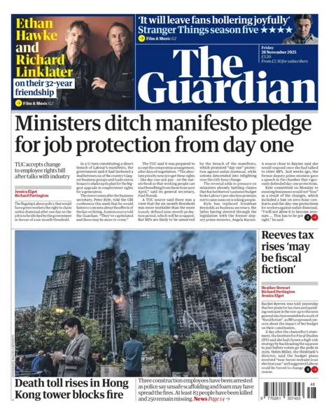 "Minalis faced merifesto promise for job protection from day," Read the title on the front page of the Guardian. Firefighters moved to put out the most unusual fire in Hong Kong