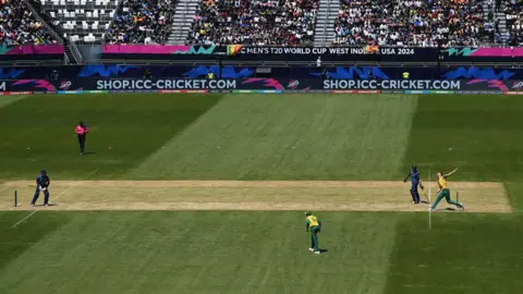 Sri Lank bat on the pitch at the Nassau County International Cricket Stadium