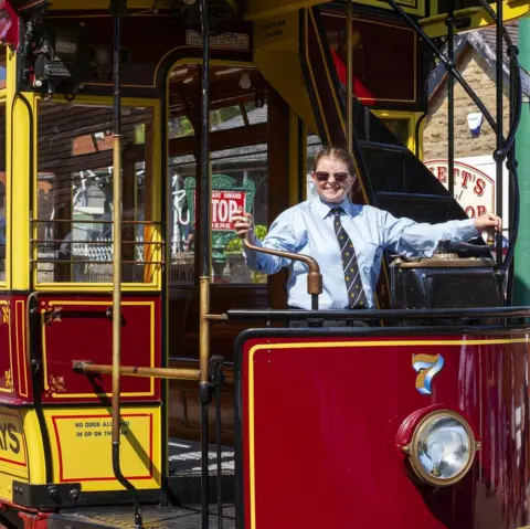 Crich Tramway Village Sarah driving a tram