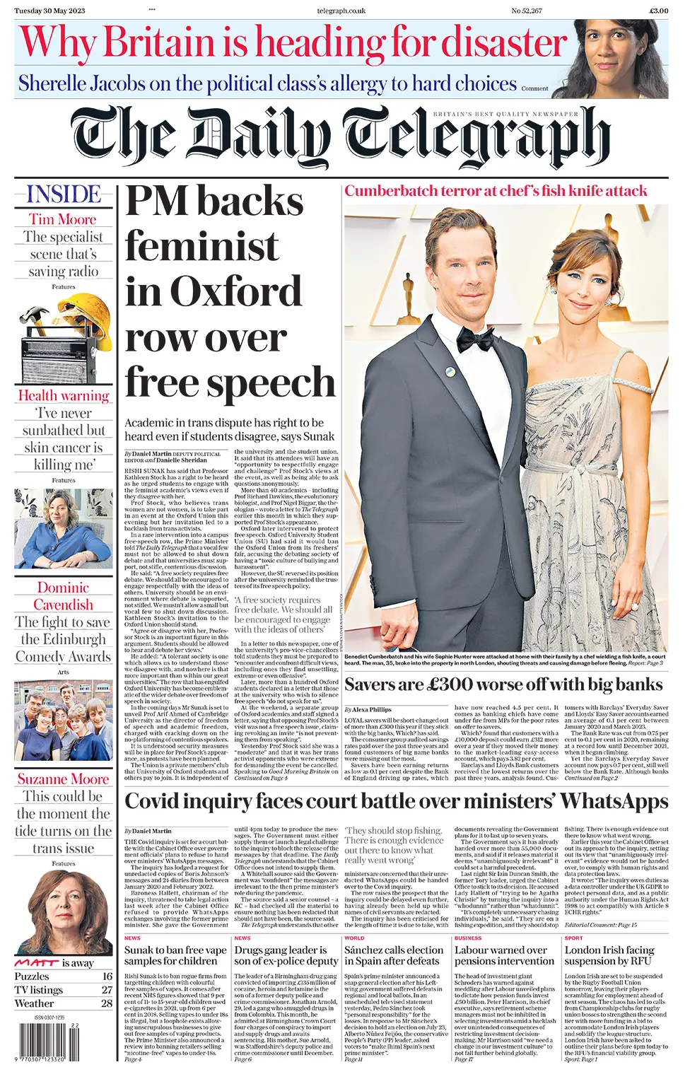 The headline in the Telegraph reads: "PM backs feminist in Oxford row over free speech"