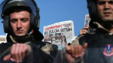 EPA Turkish military police secure the front of Silivri Prison during the trial of Cumhuriyet newspaper staff in Istanbul