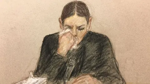 Julia Quenzler A courtroom sketch of Rebekah Vardy crying in the witness box on Wednesday