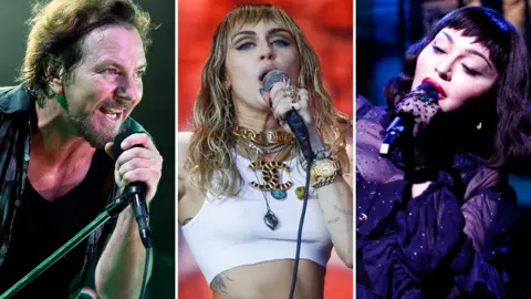 Getty Images/Reuters/Ricardo Gomes/Live Nation Left-right: Pearl Jam's Eddie Vedder, Miley Cyrus, Madonna