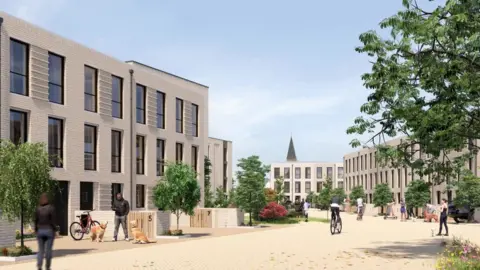 Wavensmere Homes Limited/CBC Cycleway going through the middle of the development, past three-story townhouses.