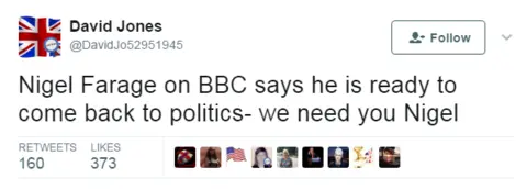 @davidjo52951945 Tweet, saying "we need you Nigel"