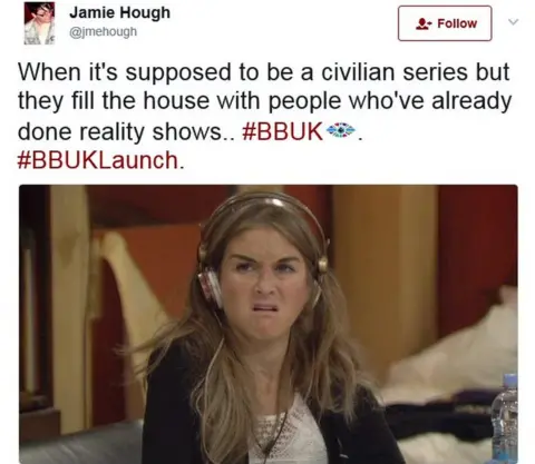 Twitter Jamie's tweet: When it's supposed to be a civilian series but they fill the house with people who've already done reality shows