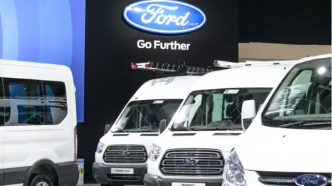 Getty Images Ford range of Light Commercial Vehicles in various bod styles including the Transit Van and Transit courier on display at Brussels Expo on January 13, 2017 in Brussels, Belgium.