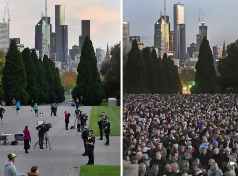 AFP Two photos comparing the crowds in 2019 to the almost empty Shrine of Remembrance in Melbourne