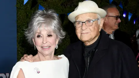 Getty Images Rita Moreno and Norman Lear at the premiere of "80 For Brady" held at Regency Village Theatre on January 31, 2023 in Los Angeles, California.