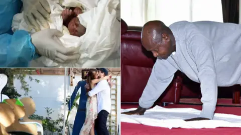 .  Top left: A baby born in coronavirus isolation ward in Cameroon. Bottom left: A couple in South Africa getting "married" before a cardboard cut-out guests. Right: Uganda's President Yoweri Museveni doing a press-up