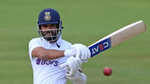 Getty Images India batsman Ajinkya Rahane hits out during day four of the Second Test Match between England and India at Lord's Cricket Ground on August 15, 2021 in London, England.