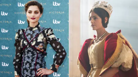 Getty Images/ITV Jenna Coleman in person and in character as Queen Victoria