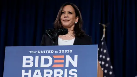 Getty Images Democratic Vice Presidential nominee Sen. Kamala Harris (D-CA.), delivers remarks during a campaign event on August 27, 2020 in Washington, DC