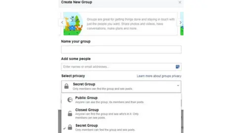 Facebook A screenshot of a group creation page on Facebook showing how to create a secret group