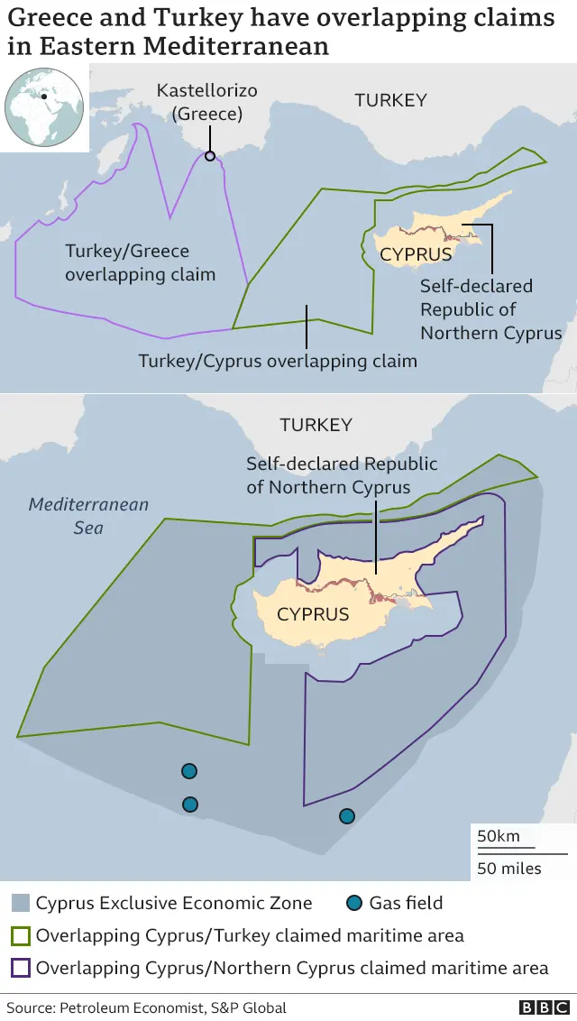 Competing Greek and Turkish claims in the Med map
