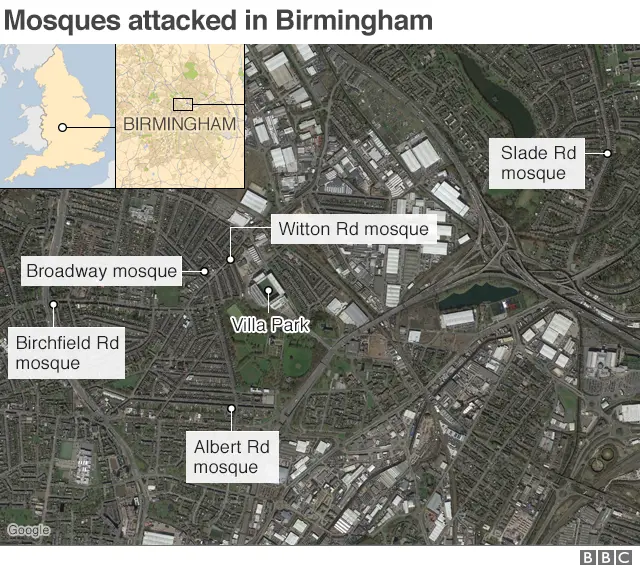 A map showing the locations of the mosque attacks