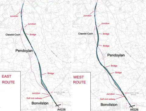 The route options for the road