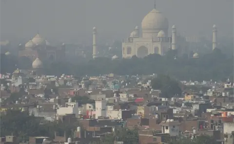 AFP A general view shows the Taj Mahal amid smoggy conditions in Agra on October 25, 2023.