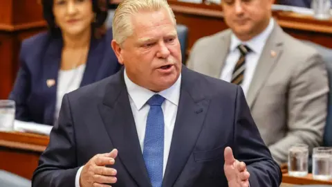 Getty Images Ontario Premier Doug Ford answers an opposition question at Queen's Park legislature, September 25, 2023. Ontario's legislature resumed for the fall session after a summer of political resignations and a controversial Greenbelt reversal.