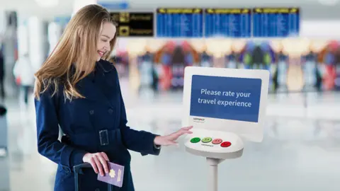 Encrier A woman using a Happy Or Not terminal at an airport