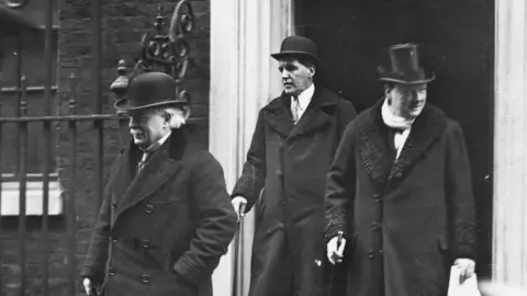 Getty Images/Central Press/Hulton Archive The British team included PM Lloyd George, the Earl of Birkenhead and Sir Winston Churchill