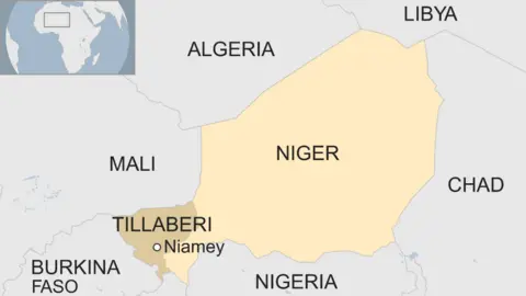 BBC Map of Niger, showing the capital Niamey, the region of Tillaberi and neighbouring countries