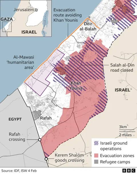 Térkép az izraeli szárazföldi műveleteket Gáza déli részén (2023. február 4.)