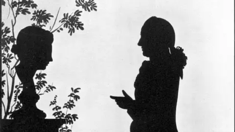 Public domain Goethe facing a grave monument, cut paper, 1780