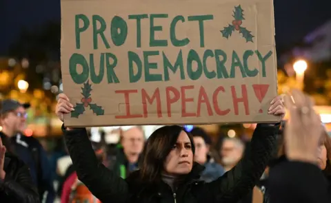Getty Images Protesters hold signs calling for the impeachment of US President Donald Trump outside the Los Angeles City Hall building, in Los Angeles, California on December 17, 2019.