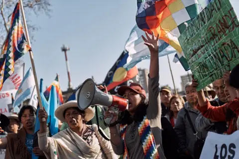 NATALIA FAVRE Milagros Lamas, 19, speaks during a demonstration in downtown Buenos Aires, where indigenous communities arrived after traveling more than 1,800 kilometres in what they called the Third Malón de La Paz, on August 1, 2023.