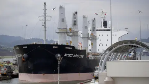 EPA-EFE/REX/Shutterstock A ship transits through the Miraflores locks in the Panama Canal, near Panama City, Panama, 11 September 2023.