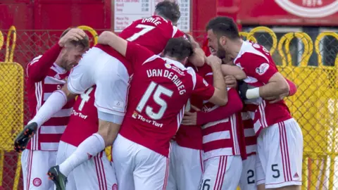 Hamilton celebrate a stoppage-time winner against Partick Thistle